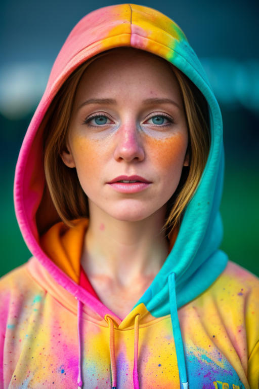beautiful American college woman, wearing hoodie, looking at viewer, holi color festival, portrait, hyper detailed  <lora:...